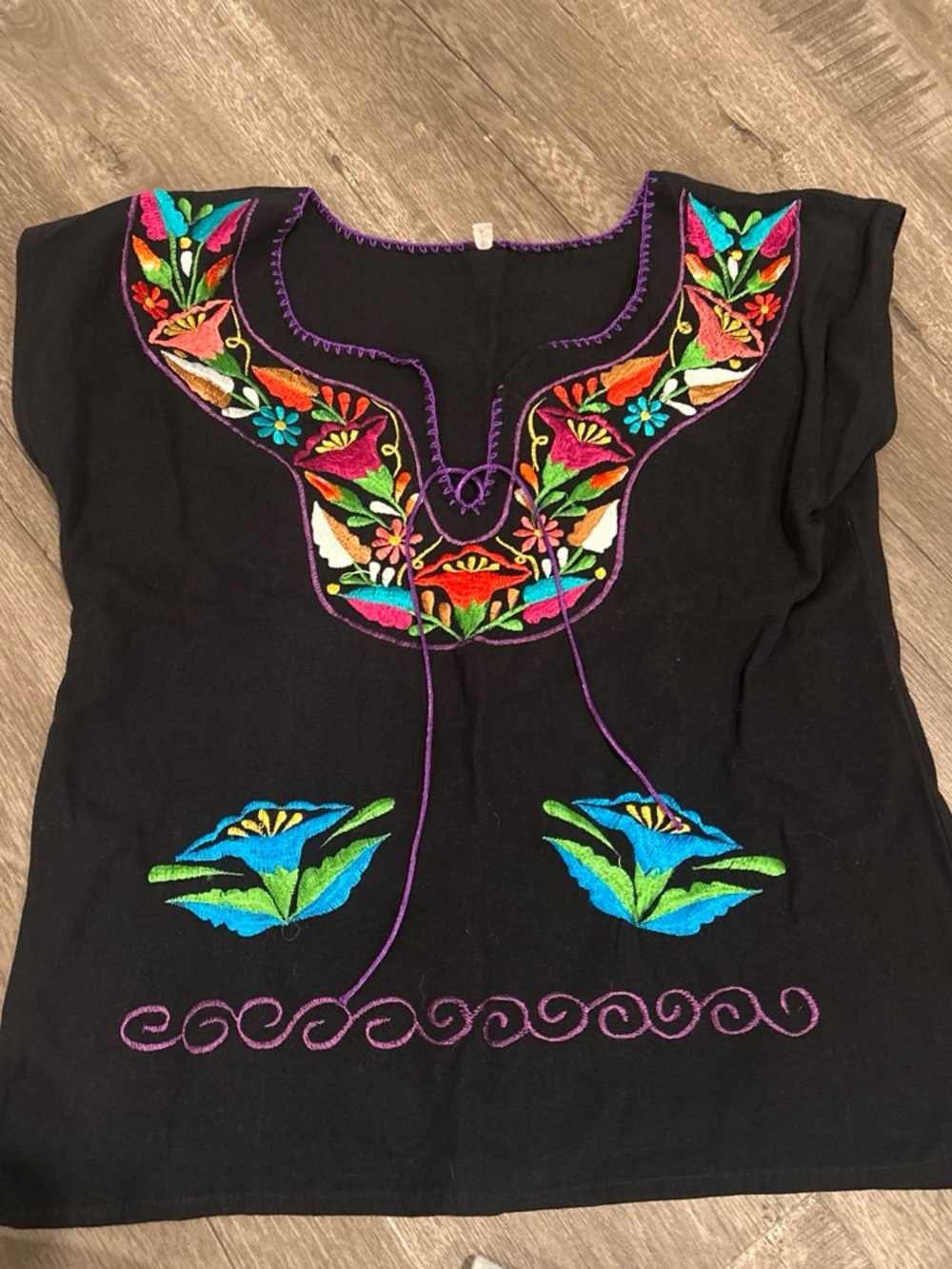 Embroidered Black Women’s Peasant Top with Multicolor Floral Detail